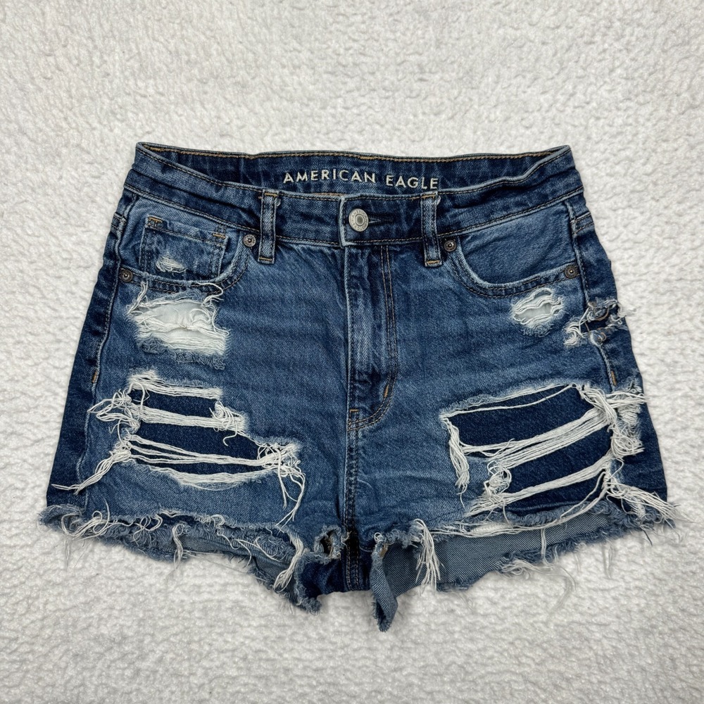 American Eagle Stretch Denim Mom Shorts Blue Distressed Grunge Women's Size 0